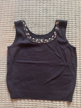 St. John Black Knit Tank with Embellished Scoop Neck